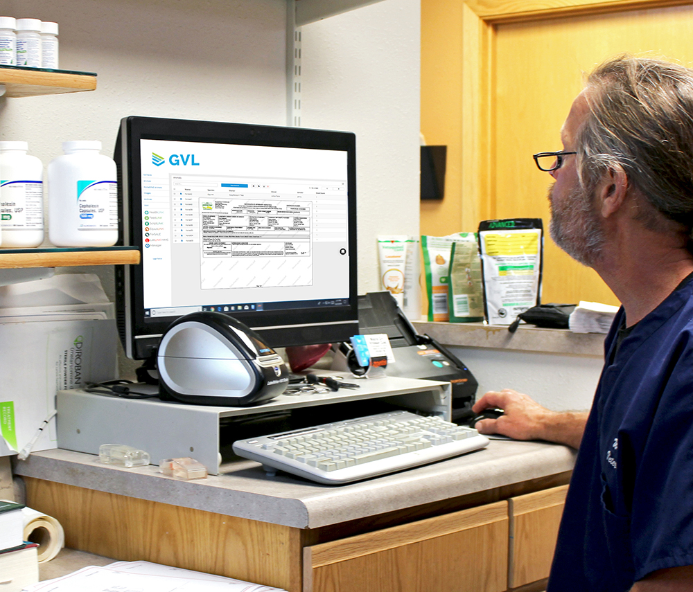 veterinarian with computer