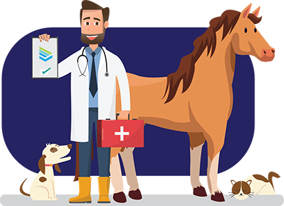 Cartoon Vet with Dog, Horse, and Cat